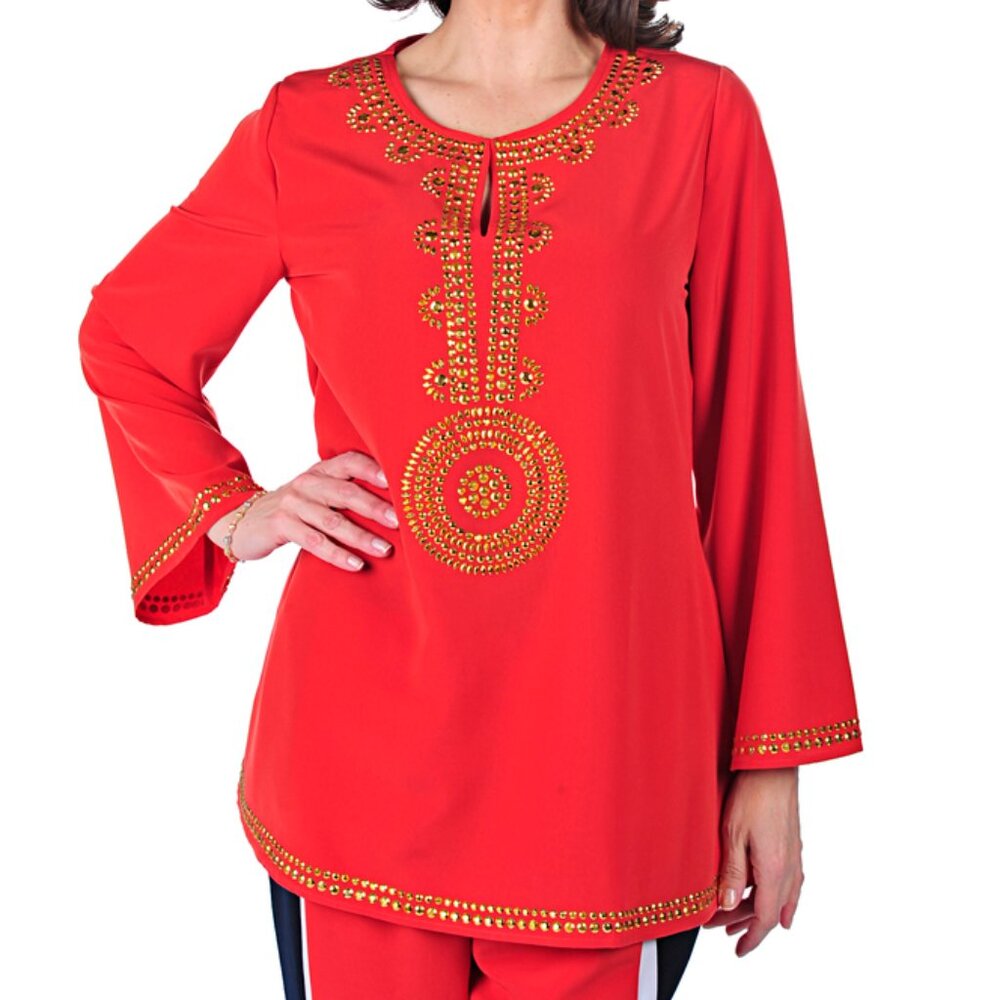 DIANE GILMAN GORGEOUS EMBELLISHED RED TUNIC-TOP, SZ. S